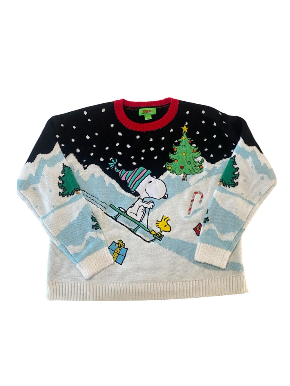 Peanuts Skiing Snoopy & Woodstock Holiday Sweater - Black/White/Red/Green